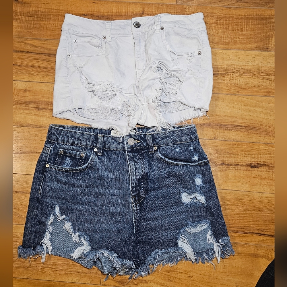 AE White and Blue Distressed Denim Shorts